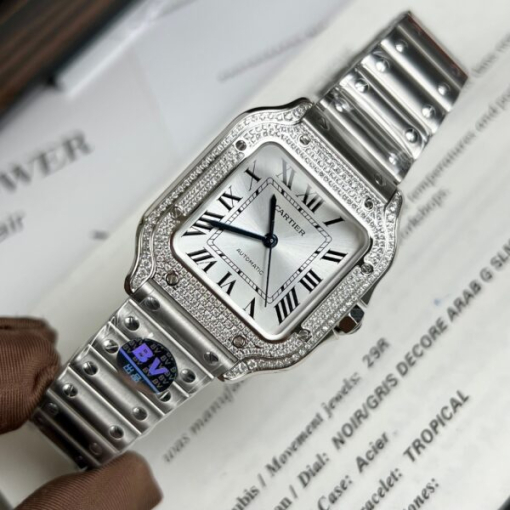 Custom Lady Cartier Santos de Cartier White Dial Diamonds Bezel - Swiss Lady Watch 6 - Image 2