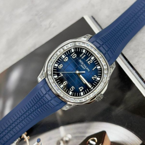 Custom Patek Philippe Aquanaut 5168G with Green Baguette Stones - Swiss Patek50