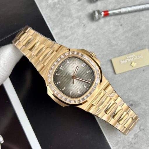 Custom Patek Philippe Nautilus 5723 Gold Grey Dial Diamond Bezel - Swiss Patek32