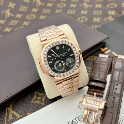 Custom Patek Philippe Nautilus 5724R Gold Black Dial Diamond Bezel - Swiss Patek26