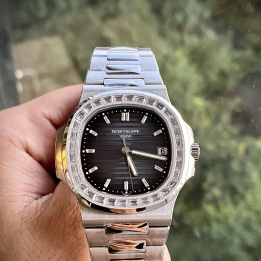 Custom Patek Philippe Nautilus 5723 with Baguette Stones Black Dial - Swiss Patek42