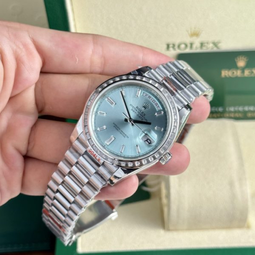 Custom Rolex Day-Date Baguette Diamond Set with Blue Dial - Swiss 156 - Image 3