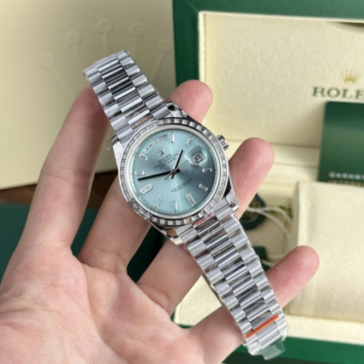 Custom Rolex Day-Date Baguette Diamond Set with Blue Dial - Swiss 156