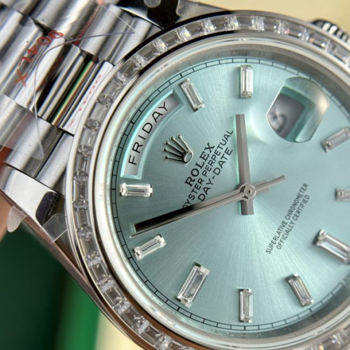 Custom Rolex Day-Date Baguette Diamond Set with Blue Dial - Swiss 156 - Image 4