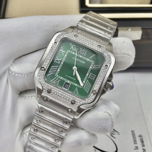 Custom Cartier Santos Green Dial Bezel Diamond- Asia Cartier16