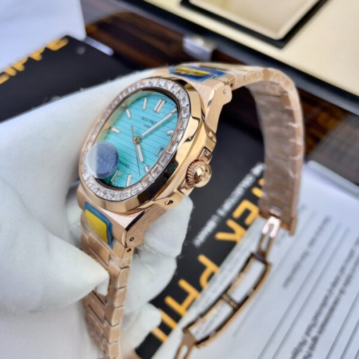 Custom Patek Philippe Nautilus 5711 Rose Gold Tiffany Blue Dial Rhinestones - Asian Patek 38 - Image 3