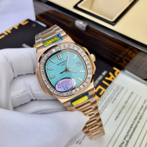 Custom Patek Philippe Nautilus 5711 Rose Gold Tiffany Blue Dial Rhinestones - Asian Patek 38 - Image 4