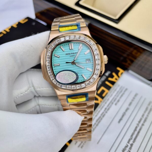 Custom Patek Philippe Nautilus 5711 Rose Gold Tiffany Blue Dial Rhinestones - Asian Patek 38