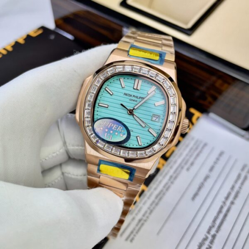 Custom Patek Philippe Nautilus 5711 Rose Gold Tiffany Blue Dial Rhinestones - Asian Patek 38 - Image 2