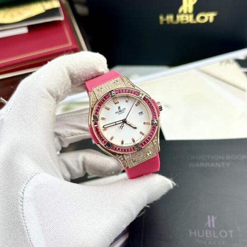 Custom Lady Hublot Classic Fusion White Dial Ruby Diamonds Bezel - Asian Lady Watch 9 - Image 4