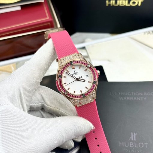 Custom Lady Hublot Classic Fusion White Dial Ruby Diamonds Bezel - Asian Lady Watch 9