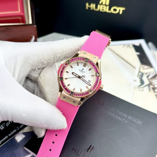 Custom Lady Hublot Classic Fusion White Dial Ruby Diamonds Bezel - Asian Lady Watch 4