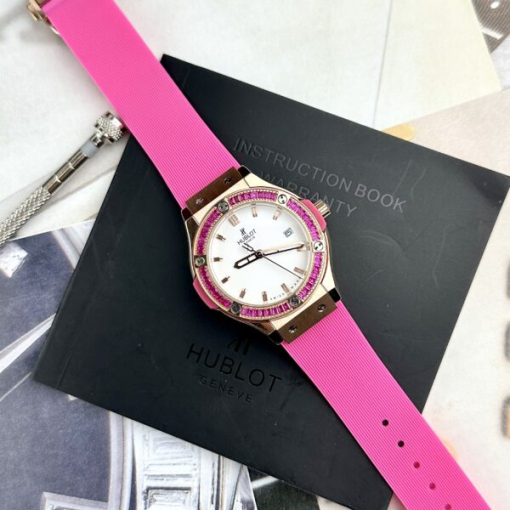 Custom Lady Hublot Classic Fusion White Dial Ruby Diamonds Bezel - Asian Lady Watch 4 - Image 3