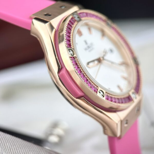 Custom Lady Hublot Classic Fusion White Dial Ruby Diamonds Bezel - Asian Lady Watch 4 - Image 4