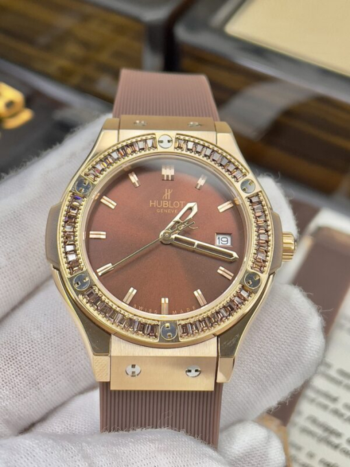 Custom Lady Hublot Classic Fusion King Gold Chocolate Dial Diamonds Bezel - Asian Lady Watch 2 - Image 2