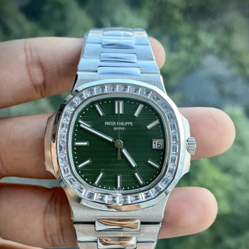 Custom Patek Philippe Nautilus 5723 with Baguette Stones Green Dial - Swiss Patek43