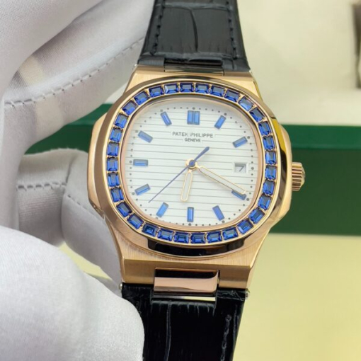 Custom Patek Philippe Nautilus 5711 Rose Gold White Dial Blue Rhinestones - Asian Patek 16