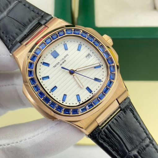 Custom Patek Philippe Nautilus 5711 Rose Gold White Dial Blue Rhinestones - Asian Patek 16 - Image 2