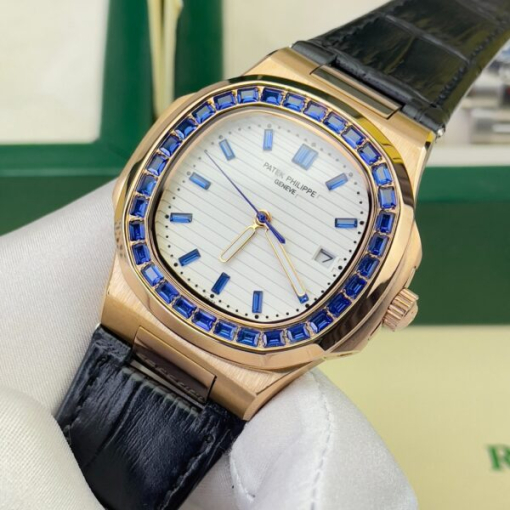 Custom Patek Philippe Nautilus 5711 Rose Gold White Dial Blue Rhinestones - Asian Patek 16 - Image 3