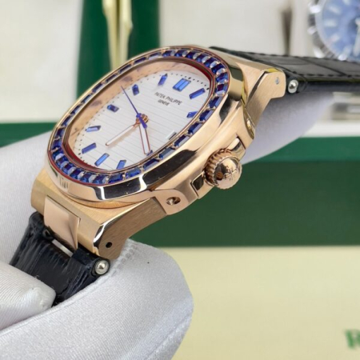 Custom Patek Philippe Nautilus 5711 Rose Gold White Dial Blue Rhinestones - Asian Patek 16 - Image 5