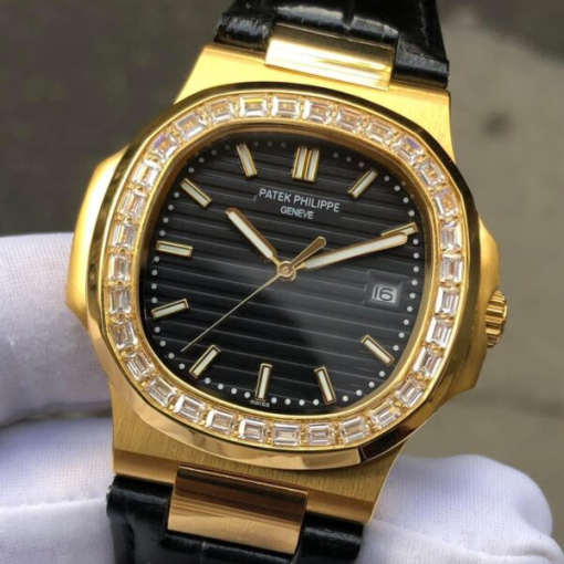 Custom Patek Philippe Nautilus 5711 Yellow Gold Black Dial Rhinestones - Asian Patek 31