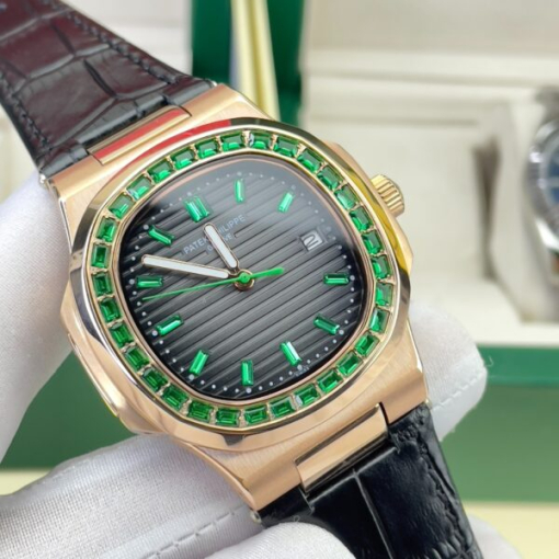 Custom Patek Philippe Nautilus 5711 Rose Gold Black Dial Green Rhinestones - Asian Patek 17 - Image 2