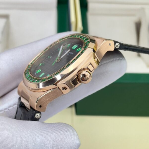 Custom Patek Philippe Nautilus 5711 Rose Gold Black Dial Green Rhinestones - Asian Patek 17 - Image 5