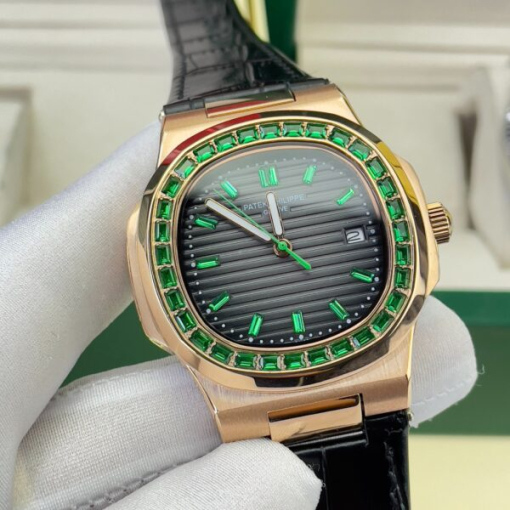 Custom Patek Philippe Nautilus 5711 Rose Gold Black Dial Green Rhinestones - Asian Patek 17