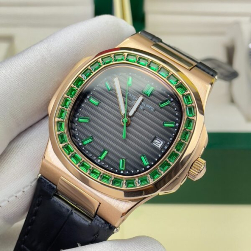 Custom Patek Philippe Nautilus 5711 Rose Gold Black Dial Green Rhinestones - Asian Patek 17 - Image 3