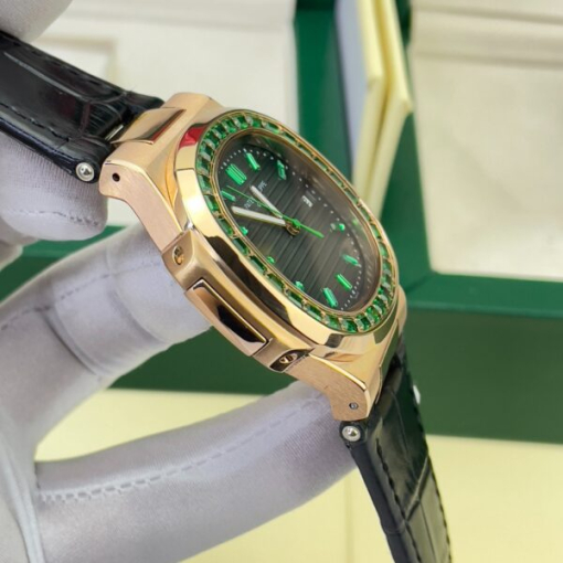 Custom Patek Philippe Nautilus 5711 Rose Gold Black Dial Green Rhinestones - Asian Patek 17 - Image 4