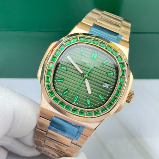 Custom Patek Philippe Nautilus 5711 Rose Gold Olive Green Dial Rhinestones - Asian Patek 34 - Image 3