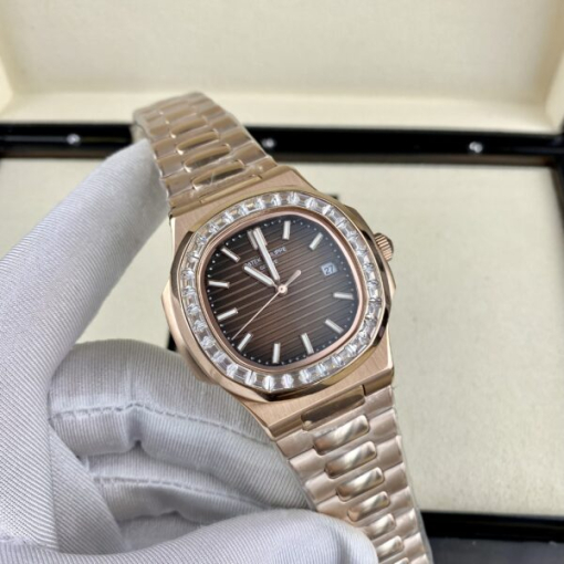 Custom Patek Philippe Nautilus 5711 Rose Gold Chocolate Dial Rhinestones - Asian Patek 51 - Image 2