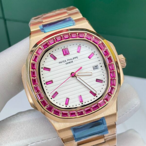 Custom Patek Philippe Nautilus 5711 Rose Gold White Dial Ruby Rhinestones - Asian Patek 40 - Image 3