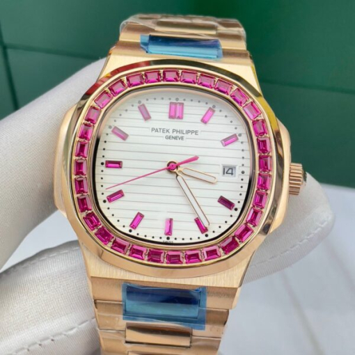 Custom Patek Philippe Nautilus 5711 Rose Gold White Dial Ruby Rhinestones - Asian Patek 40