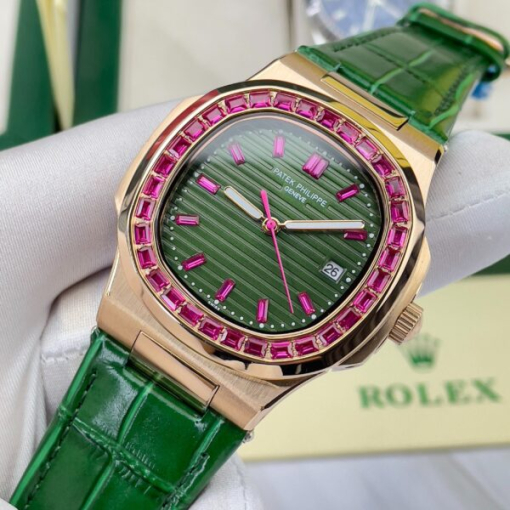 Custom Patek Philippe Nautilus 5711 Rose Gold Green Dial Ruby Rhinestones - Asian Patek 20 - Image 2