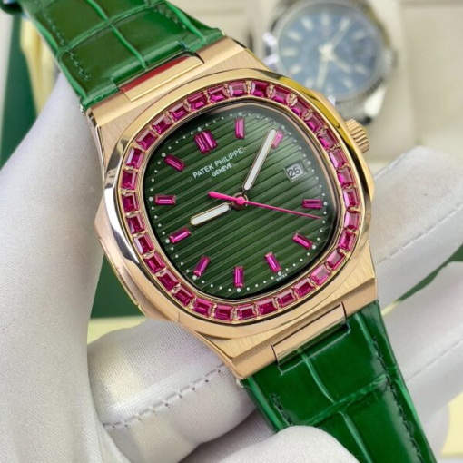 Custom Patek Philippe Nautilus 5711 Rose Gold Green Dial Ruby Rhinestones - Asian Patek 20 - Image 3