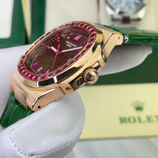 Custom Patek Philippe Nautilus 5711 Rose Gold Green Dial Ruby Rhinestones - Asian Patek 20 - Image 4