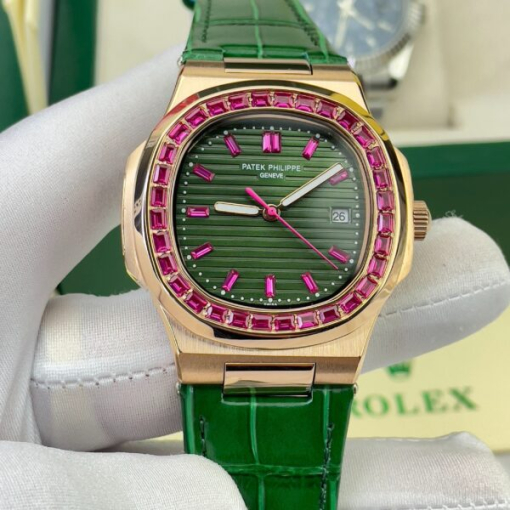 Custom Patek Philippe Nautilus 5711 Rose Gold Green Dial Ruby Rhinestones - Asian Patek 20