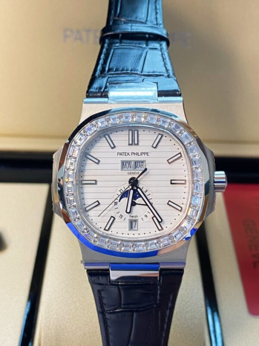 Custom Patek Philippe Nautilus 5726 White Dial Baguette Bezel - Asian Patek 58