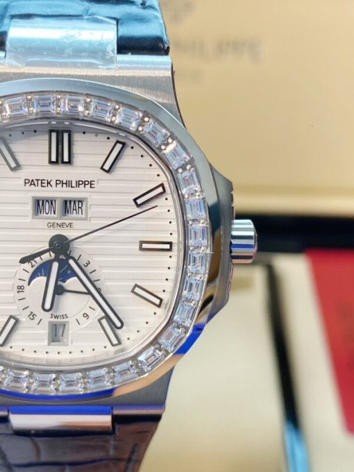 Custom Patek Philippe Nautilus 5726 White Dial Baguette Bezel - Asian Patek 58 - Image 4