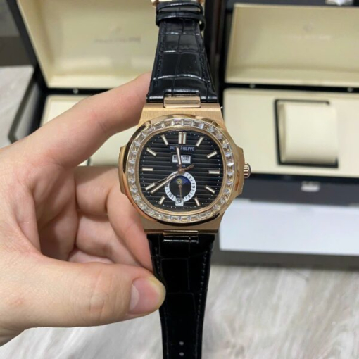 Custom Patek Philippe Nautilus 5726 Rose Gold Black Dial Baguette Bezel - Asian Patek 57