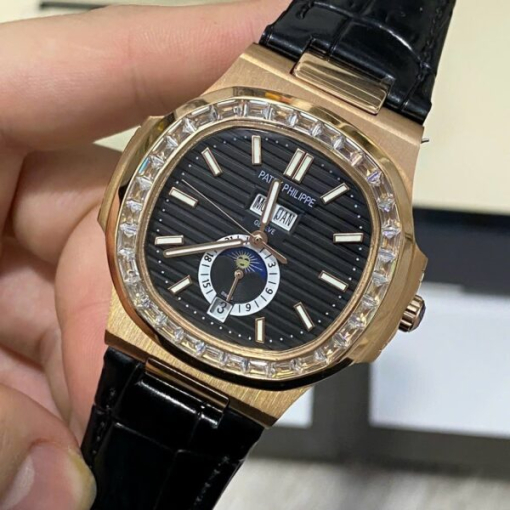 Custom Patek Philippe Nautilus 5726 Rose Gold Black Dial Baguette Bezel - Asian Patek 57 - Image 4