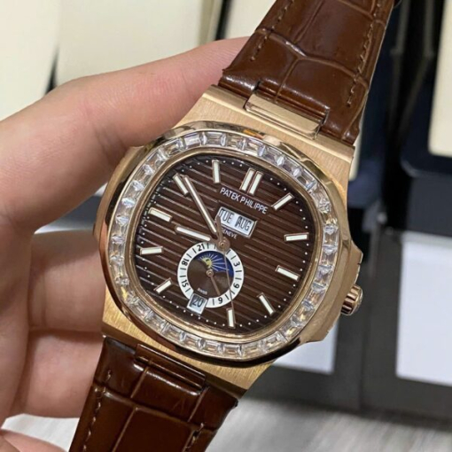 Custom Patek Philippe Nautilus 5726 Rose Gold Chocolate Dial Baguette Bezel - Asian Patek 52 - Image 2