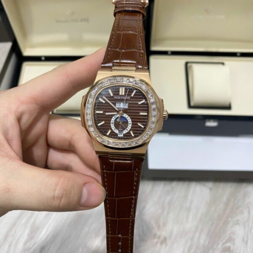 Custom Patek Philippe Nautilus 5726 Rose Gold Chocolate Dial Baguette Bezel - Asian Patek 52