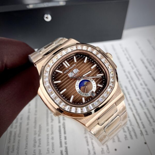 Custom Patek Philippe Nautilus 5726 Rose Gold Chocolate Dial Baguette Bezel - Asian Patek 61 - Image 3