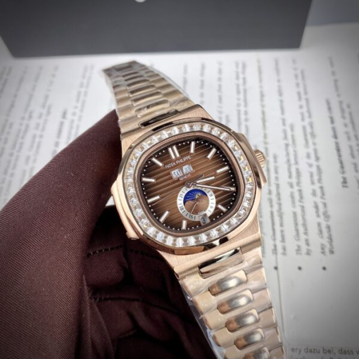 Custom Patek Philippe Nautilus 5726 Rose Gold Chocolate Dial Baguette Bezel - Asian Patek 61