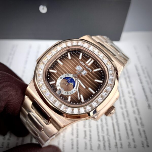 Custom Patek Philippe Nautilus 5726 Rose Gold Chocolate Dial Baguette Bezel - Asian Patek 61 - Image 2