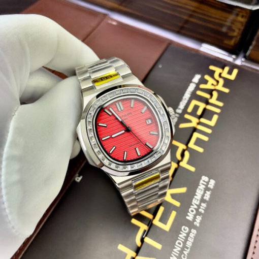 Custom Patek Philippe Nautilus 5711 Red Dial Rhinestones - Asian Patek 35 - Image 4