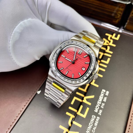 Custom Patek Philippe Nautilus 5711 Red Dial Rhinestones - Asian Patek 35 - Image 3