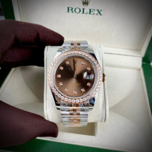 Custom Rolex DateJust Demi Chocolate Dial Diamonds Bezel - Asian Rolex 72